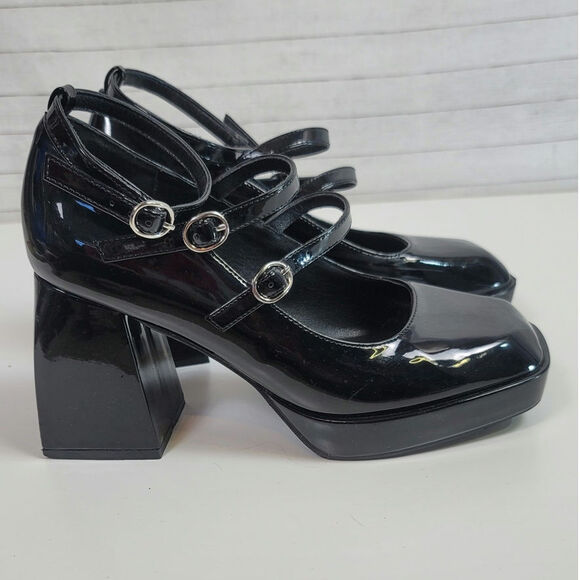 CIDER CHUNKY HEELED TRIPLE STRAP MARY JANES IN PATENT BLACK FAUX LEATHER, SZ 9 - Picture 4 of 16